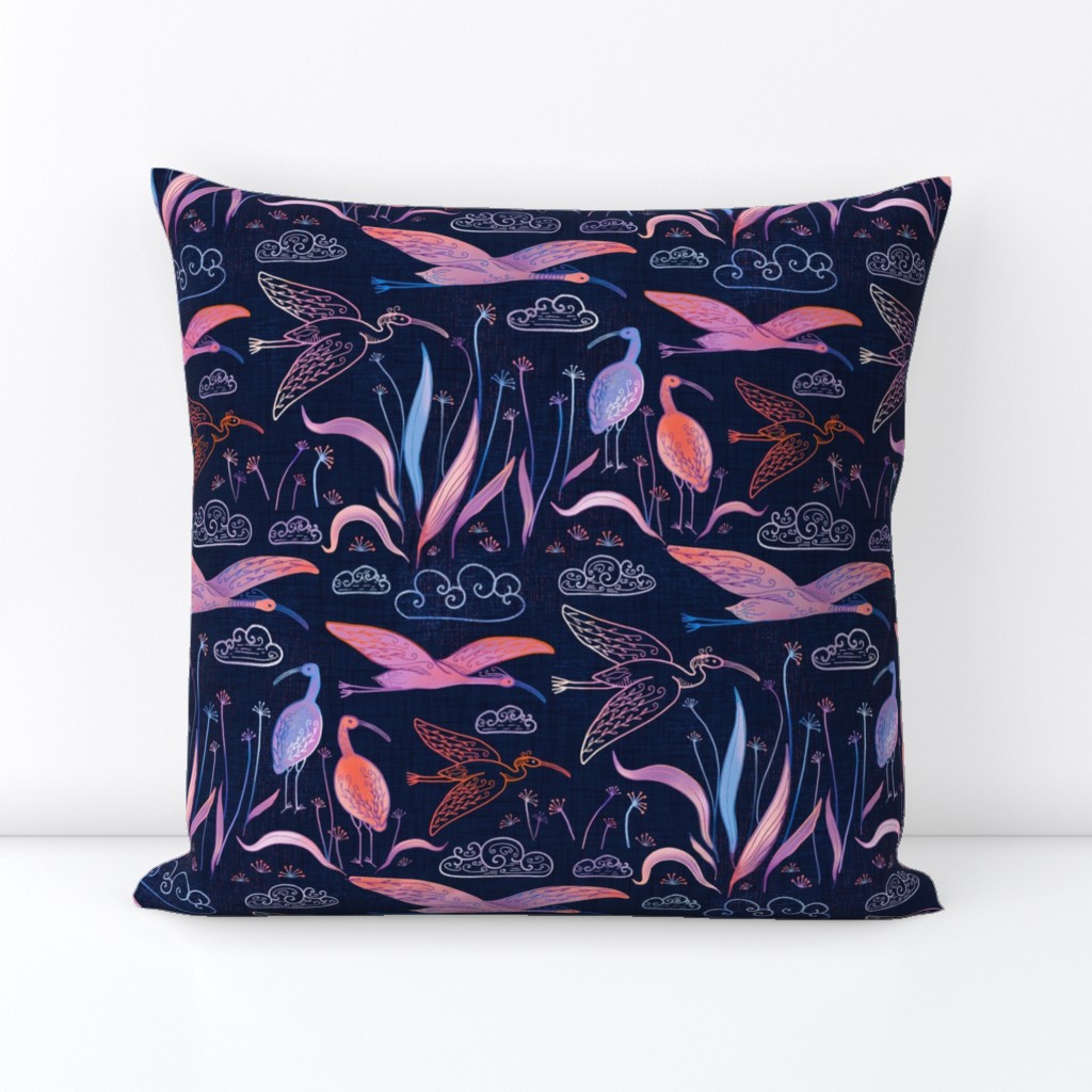 large birds - ibises on midnight blue / medium scale / midnight blue