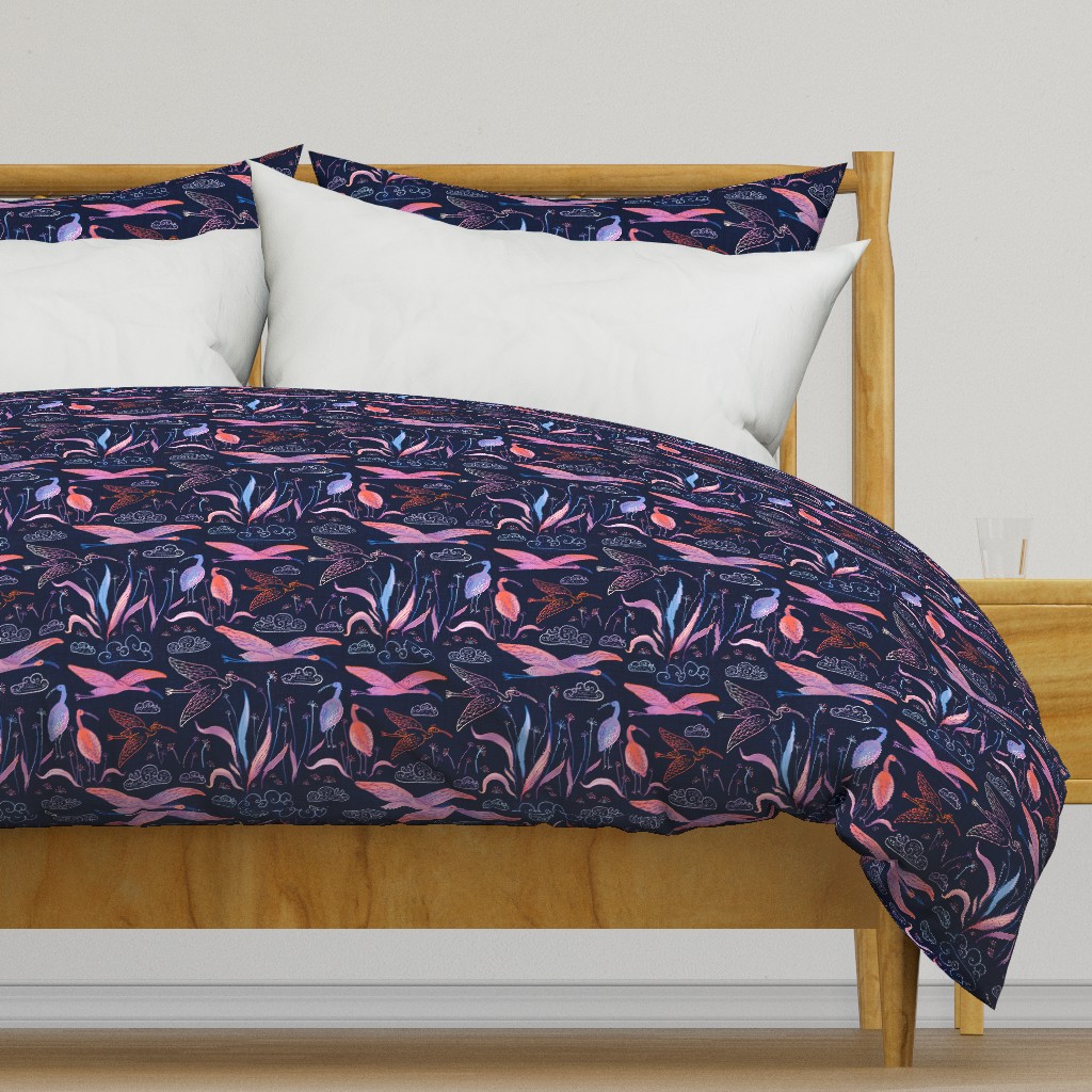 large birds - ibises on midnight blue / medium scale / midnight blue