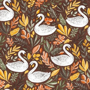 Whimsical White Swans with Autumn Leaves on Rust - medium