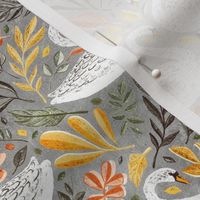 Whimsical White Swans with Autumn Leaves on Grey - medium