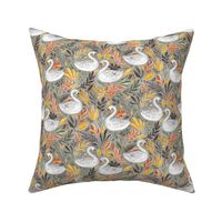 Whimsical White Swans with Autumn Leaves on Grey - medium