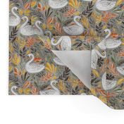 Whimsical White Swans with Autumn Leaves on Grey - small