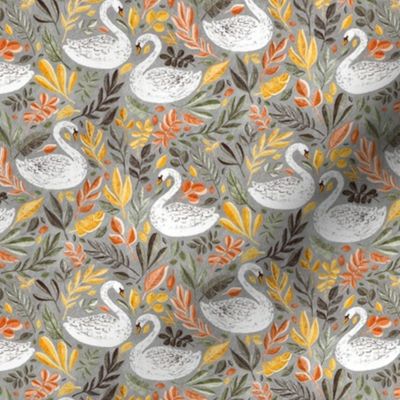 Whimsical White Swans with Autumn Leaves on Grey - small