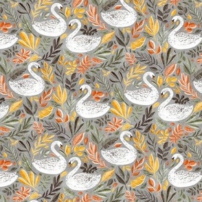 Whimsical White Swans with Autumn Leaves on Grey - small
