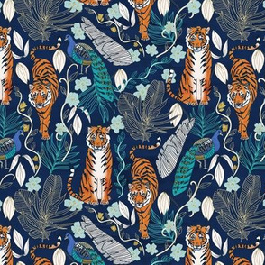 Tiger Toile on Navy (Small Scale)