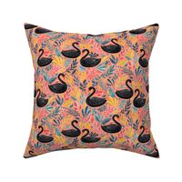 Bonny Black Swans with Lots of Leaves on Coral - medium