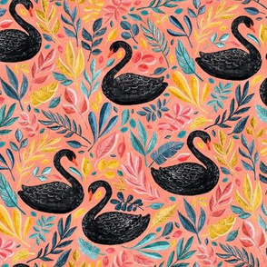 Bonny Black Swans with Lots of Leaves on Coral - medium
