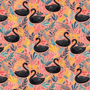 Bonny Black Swans with Lots of Leaves on Coral - small