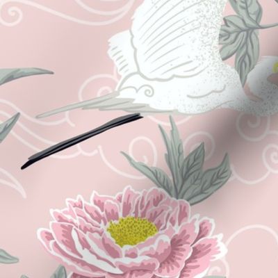 white heron and peony on rose