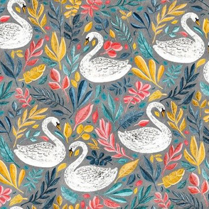 Whimsical White Swans with Lots of Leaves on Grey - medium