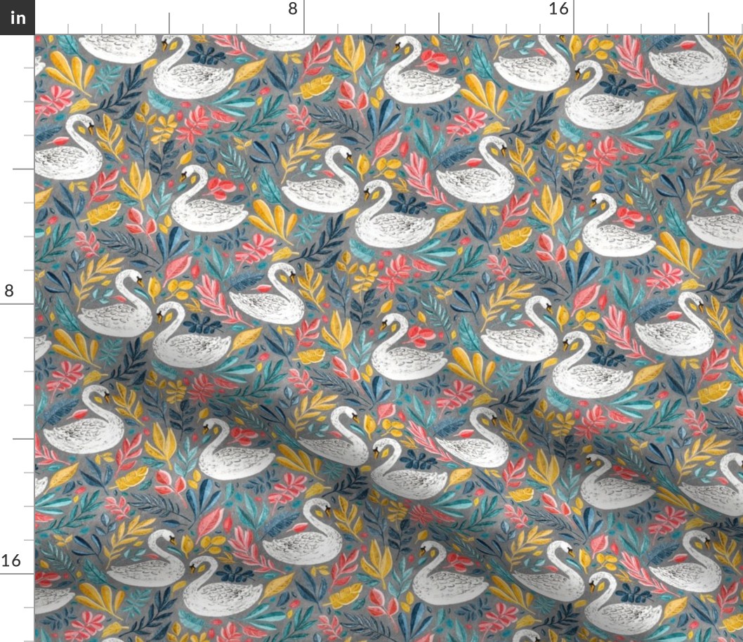 Whimsical White Swans with Lots of Leaves on Grey - medium