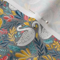 Whimsical White Swans with Lots of Leaves on Grey - small