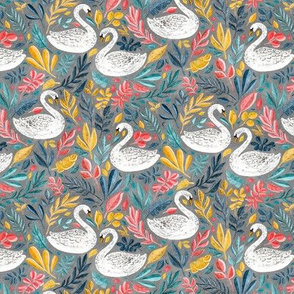 Whimsical White Swans with Lots of Leaves on Grey - small