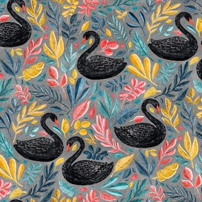 Bonny Black Swans with Lots of Leaves on Grey - medium