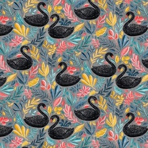 Bonny Black Swans with Lots of Leaves on Grey - small
