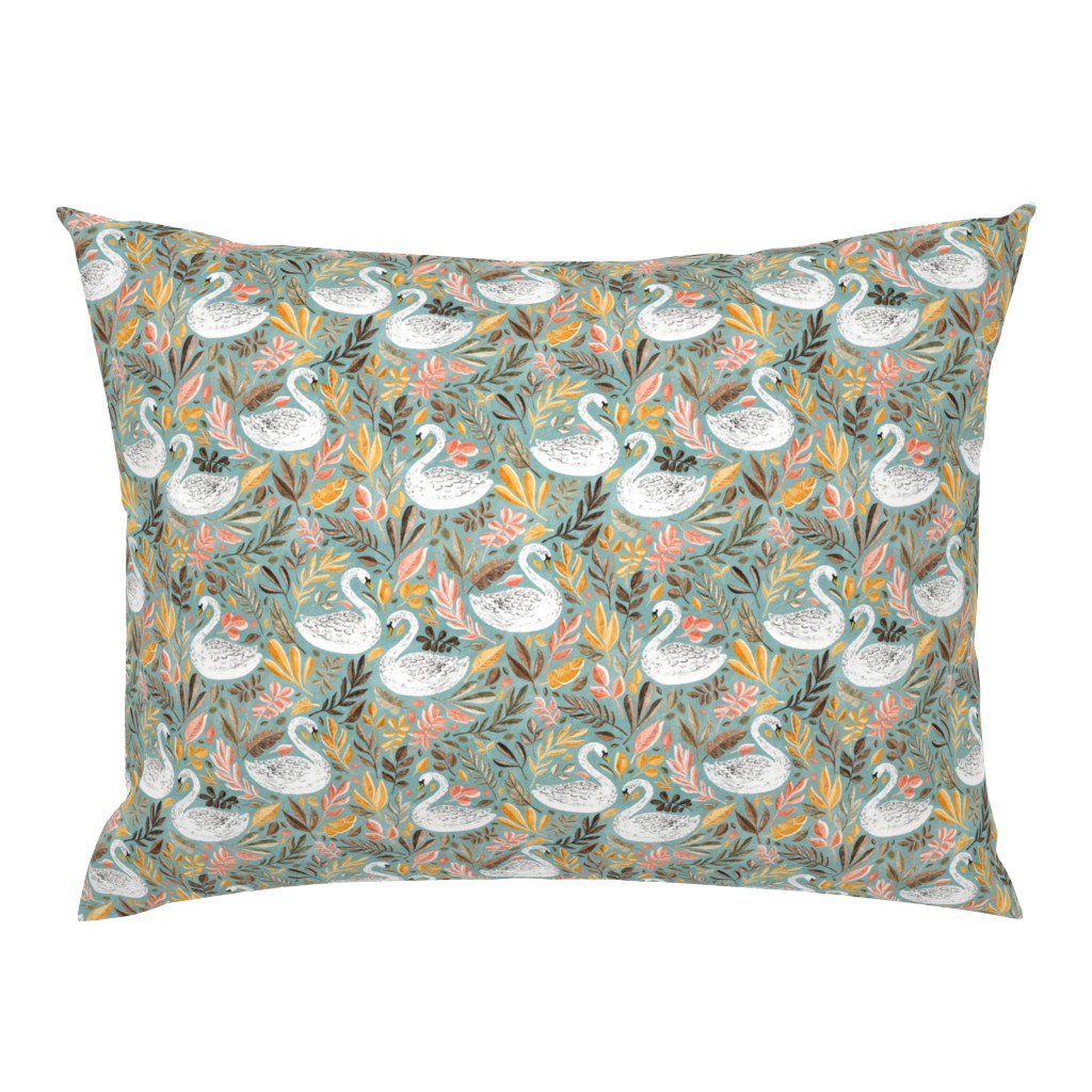Whimsical White Swans with Autumn Leaves on Sage - medium