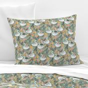 Whimsical White Swans with Autumn Leaves on Sage - medium