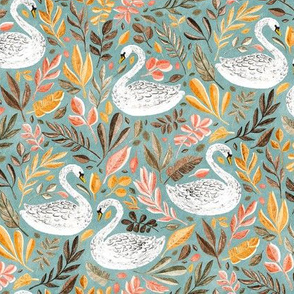 Whimsical White Swans with Autumn Leaves on Sage - medium