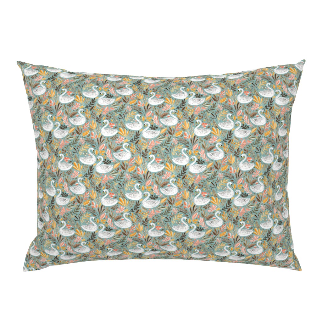 Whimsical White Swans with Autumn Leaves on Sage - small