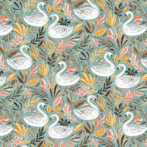 Whimsical White Swans with Autumn Leaves on Sage - small