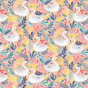 Whimsical White Swans with Lots of Leaves on Peach Pink - small