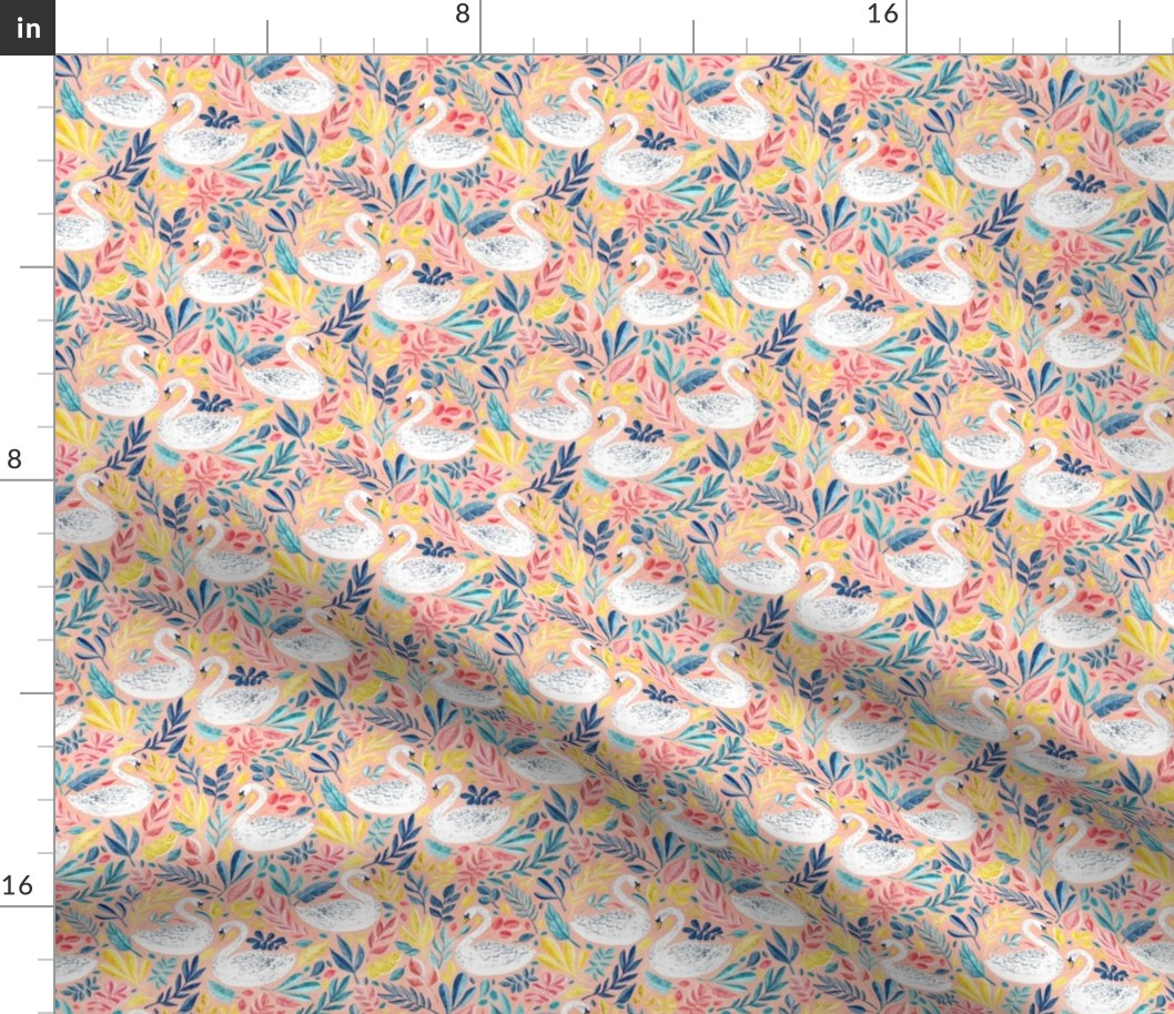 Whimsical White Swans with Lots of Leaves on Peach Pink - small