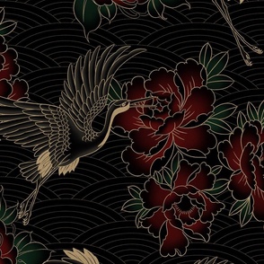 Large // Updated Japanese cranes, peonies and clouds in gold
