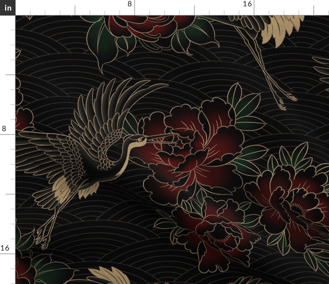 Large // Updated Japanese cranes, peonies and clouds in gold