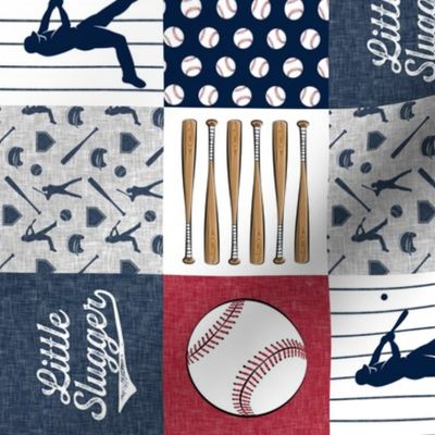 (3" small scale) Little Slugger Baseball Patchwork fabric - red blue pin stripes (90) C20BS