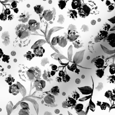 Watercolor romantic boho flowers garden blossom abstract branches winter black and white