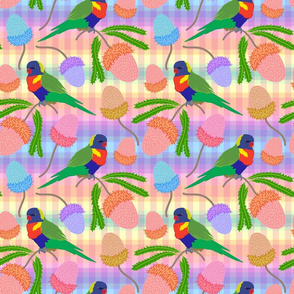 Australian Bush Garden: Rainbow Lorikeets & Banksias - pastel gingham, large 