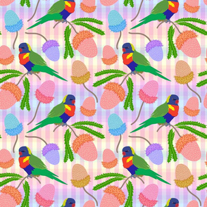 Australian Bush Garden: Rainbow Lorikeets & Banksias - light pastel gingham, large 