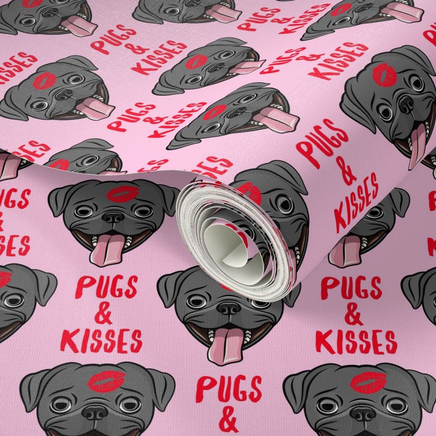 Pugs & Kisses - cute pug dog valentines (black pugs) - pink - C20BS