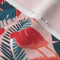 Small scale // Luxurious Scarlet Ibis // pink background teal vegetation metal rose and red guará large birds  