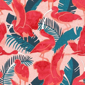 Small scale // Luxurious Scarlet Ibis // pink background teal vegetation metal rose and red guará large birds  