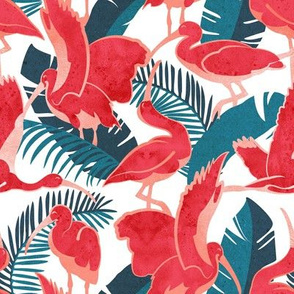 Small scale // Luxurious Scarlet Ibis // white background teal vegetation metal rose and red guará large birds  