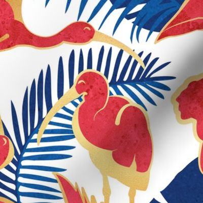 Normal scale // Luxurious Scarlet Ibis // white background blue vegetation metal gold and red guará large birds  