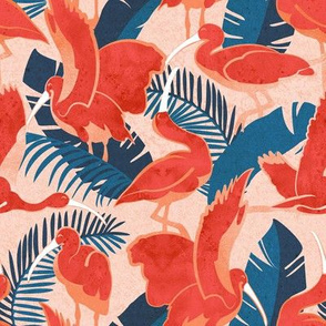 Small scale // Luxurious Scarlet Ibis // coral background teal vegetation metal coral and orange guará large birds  