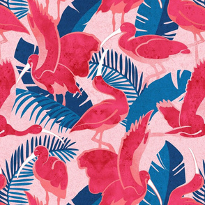 Normal scale // Luxurious Scarlet Ibis // pink background blue vegetation metal rose and pink guará large birds  