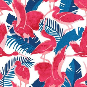 Small scale // Luxurious Scarlet Ibis // white background blue vegetation metal rose and pink guará large birds  