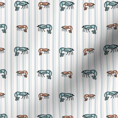 Cute shrimp cartoon. Hand drawn crustacean for marine animal blog. Prawn arthropod. Ocean wildlife background.