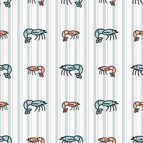 Cute shrimp cartoon. Hand drawn crustacean for marine animal blog. Prawn arthropod. Ocean wildlife background.