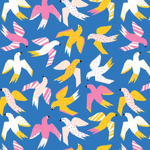 Collage Birds Blue Pink White Yellow