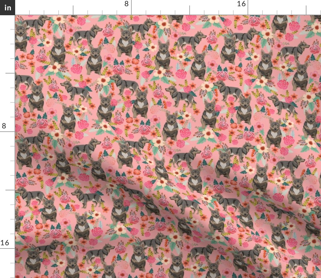 swedish vallhund fabric - dog floral design - pink
