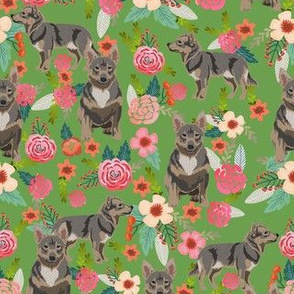 swedish vallhund fabric - dog floral design - green