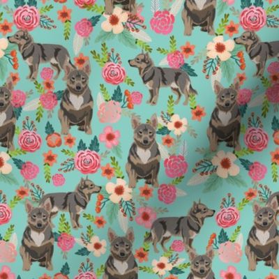 swedish vallhund fabric - dog floral design - mint