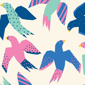 Flying Birds Collage Teal Pink Blue