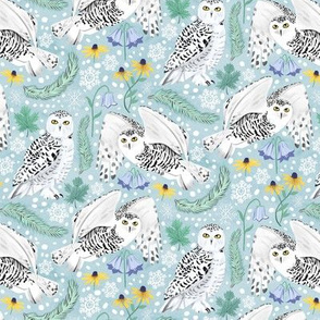 Snowy Owls on a Snowy Day - Soft Blue Background (Small scale)