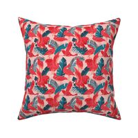 Tiny scale // Luxurious Scarlet Ibis // pink background teal vegetation metal rose and red guará large birds  