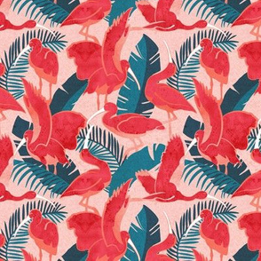 Tiny scale // Luxurious Scarlet Ibis // pink background teal vegetation metal rose and red guará large birds  